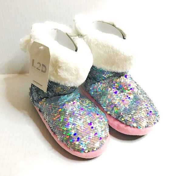 Girls Silver White Booties with Sequins, Warm Sparkly Slippers, Great Gift NWT - Picture 2 of 8